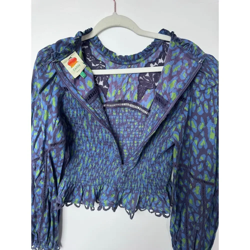 Farm Rio Blue Green Leopard Print Smocked Peplum Top Lace Guipure Cotton Large - Picture 14 of 14